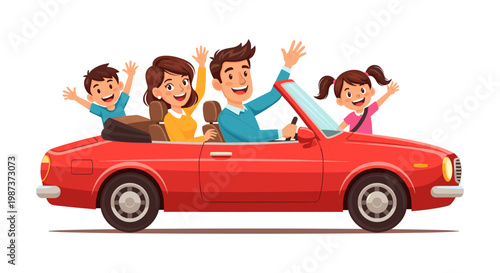 Happy family riding in red convertible car isolated on white background