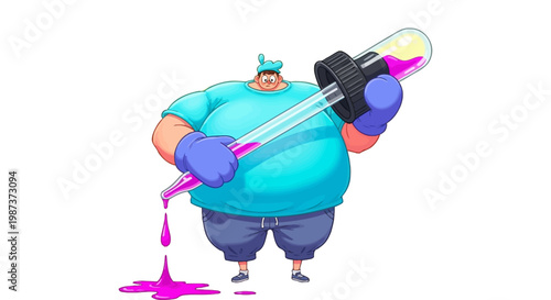 Character holding large dropper with dripping liquid vector illustration for medical science concept laboratory research healthcare design fluid experiment graphic element