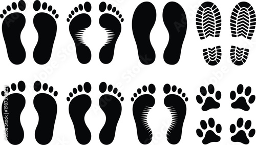 Footprints and shoes icon set, minimalist black and white vector collection of walking steps kids feet and trail marks for path navigation and route design.