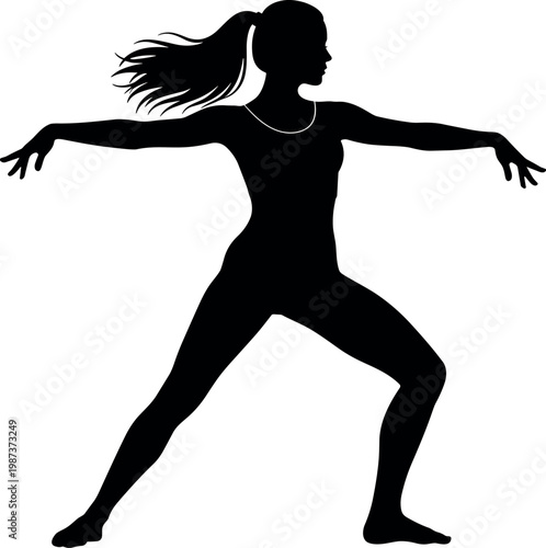Black silhouette illustration of a young athletic woman with flowing hair doing dynamic fitness stretching exercise dance pose vector graphic.