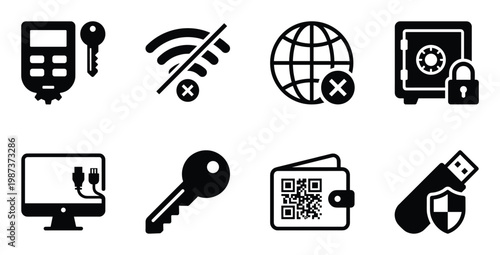 Offline security and privacy icons including air gap computer and hardware encryption keys set collection