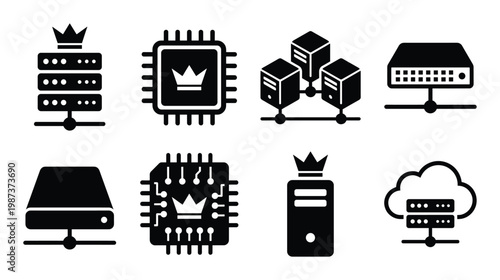 Server hosting and computer hardware icons for database management and cloud network infrastructure