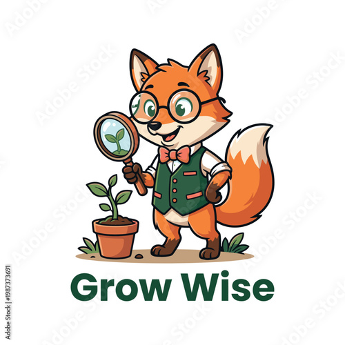 Cuadro en lienzo Cartoon fox with magnifying glass examining plant.