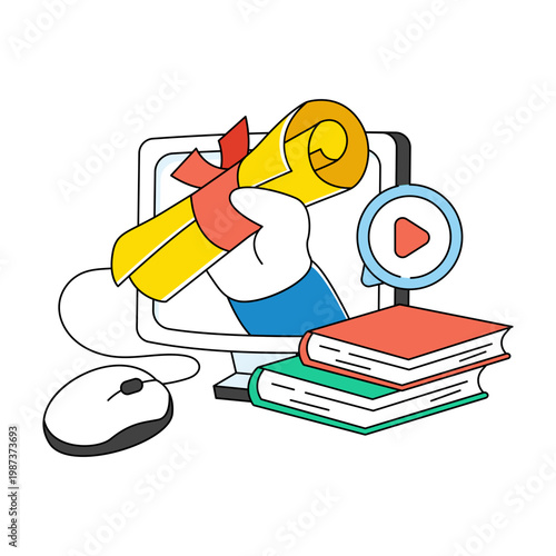 Paper with ribbon, doodle design of online degree icon