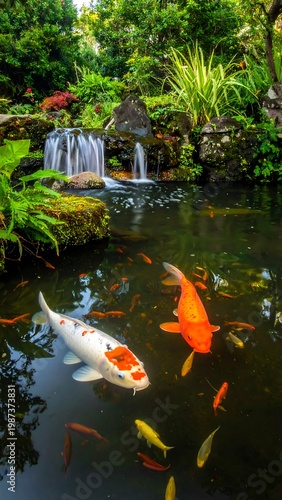 A serene landscape of a koi pond surrounded by lush greenery and a small waterfall. Colorful fish swim in the water