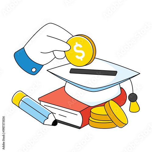 Book with dollar and mortarboard, doodle design of educational grant