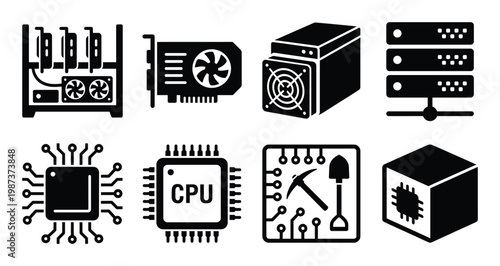 Set of black icons representing cryptocurrency mining hardware and network infrastructure
