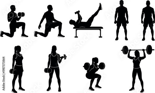 Vector silhouettes of athletic men and women exercising with dumbbells and barbells doing fitness gym workout routines over white background