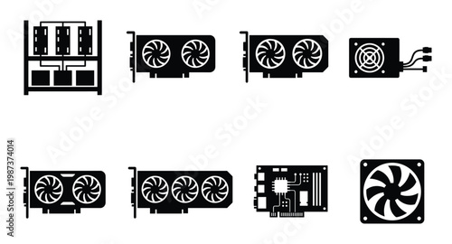 Set of computer hardware components including a mining rig gpu power supply and fan