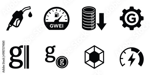Set of cryptocurrency and energy related icons including a fuel nozzle GWEI meter coins giga gas symbol diamond
