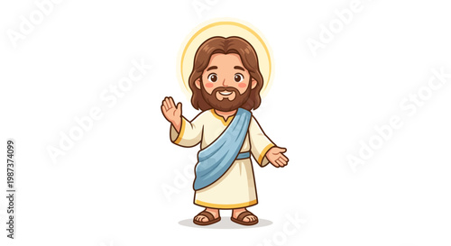 An illustration depicting Jesus Christ with a soft glow, wearing traditional Middle Eastern robes. His facial expression is wise and compassionate, symbolizing peace, hope, and spirituality.