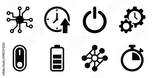 Set of eight vector icons representing various technological and utility concepts power and time