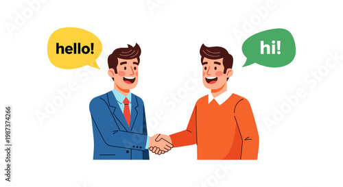 Two cartoon men shaking hands and saying hello and hi isolated on white background