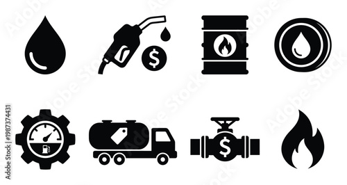 Set of petroleum related icons including a oil drop fuel pump barrel oil drop in circle gear gauge truck valve