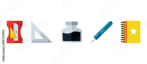 Back to School Supplies Icons Set Including Pencil Sharpener Triangle Ruler Ink Bottle Fountain Pen and Spiral Notebook Flat Vector Illustration for Education Concept