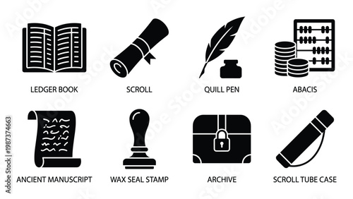Vintage stationery and office supplies icons including ledger, scroll, pen and abacus