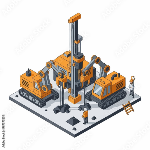 Construction site with drilling machines and excavators isometric view.