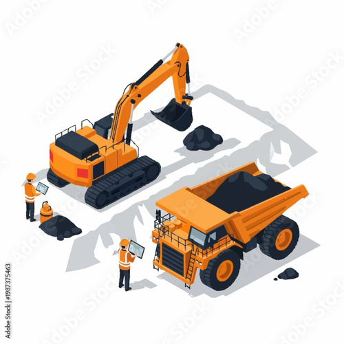 Heavy Construction Equipment and Workers at a Coal Mine Site.