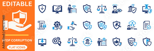 Justice system and corruption prevention flat icons bundle. Law enforcement, court, scale of justice, security, document verification, agreement