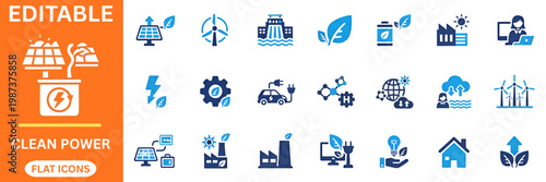 Clean electricity and renewable resource flat icons gallery. Solar power, eco battery, electric vehicle, hydrogen atom, earth, cloud, environment