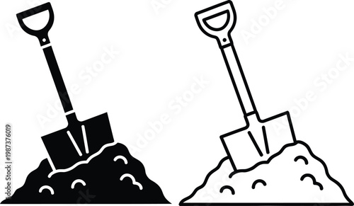 Two shovels and piles of dirt a black and white illustration