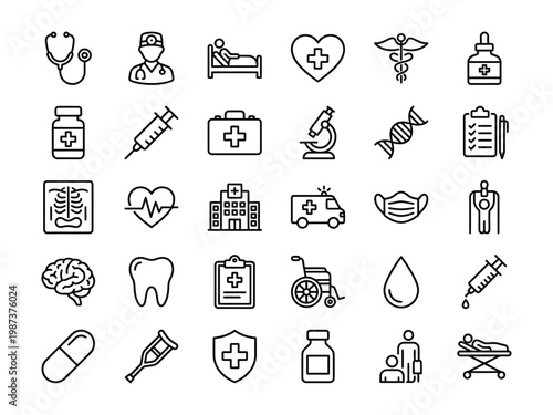 Healthcare and medical service line icon set for hospital and wellness application design with healthcare hospital medicine stethoscope pharmacy injection microscope ambulance wheelchair