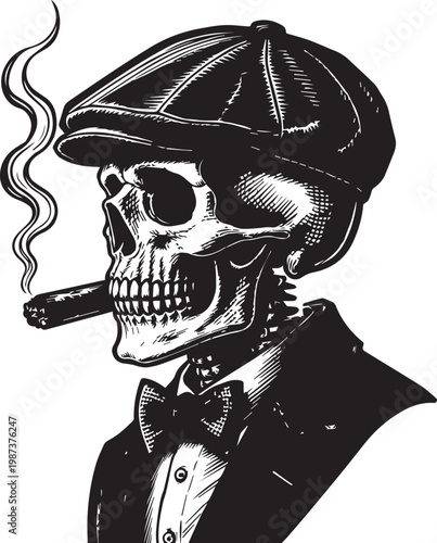 Vintage Gangster Skull Smoking Cigar Wearing Flat Cap Vector Illustration