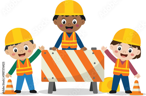 Group of cute cartoon children construction workers wearing hard hats and safety vests with barrier and traffic cones