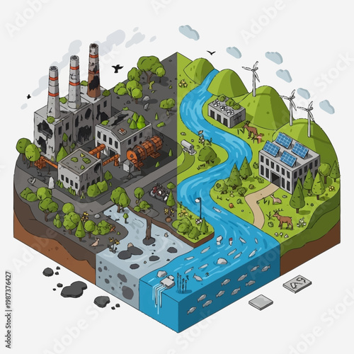 Isometric illustration contrasting environmental pollution with clean energy and nature.