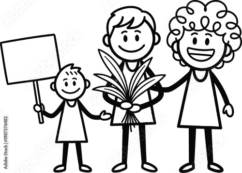 Stick figure family advocates for environmental protection and mother earth