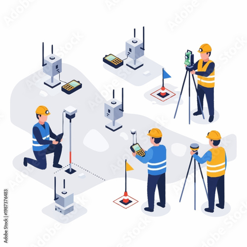 Isometric illustration of land surveyors working with surveying equipment.