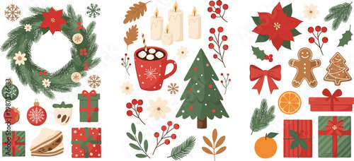 Festive Christmas Elements Including Wreath, Gifts, Tree, Gingerbread, Candles, and Holiday Decorations for Winter Season