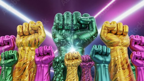 Futuristic hand fists raised in unity against a vibrant purple and blue cosmic background