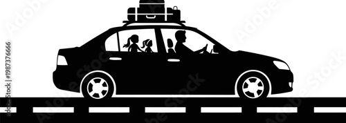 Car and familly with luggage on highway silhouette.