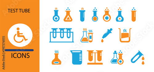 Laboratory equipment in orange and blue on white background test tube beaker flask