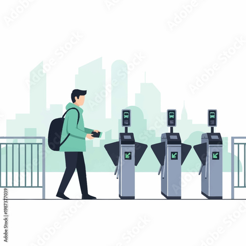 Man with backpack entering subway turnstile with ticket in hand.
