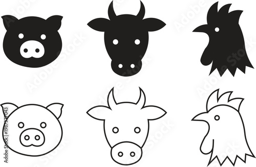 Minimalist farm animal icons, black silhouette and line art vector set of pig, cow, and chicken heads, livestock butchery and agriculture symbols