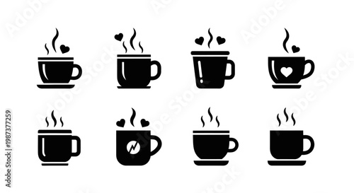 Variety of coffee cup icons featuring steam heart designs and subtle accents clean black and white for digital and print media