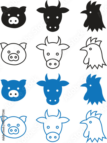 Minimalist farm animal icons set, 12 vector livestock head symbols, black and blue pig cow and chicken silhouettes for agriculture branding
