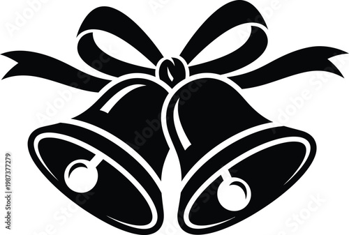 Elegant black and white illustration of two christmas bells with a ribbon