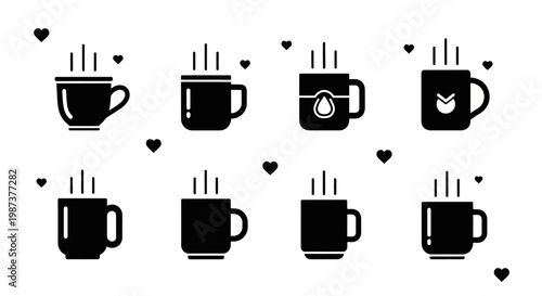 Minimalist black coffee mug icons with steam and small heart symbols for web design. Collection of simple tea cup silhouettes for restaurant menu and branding