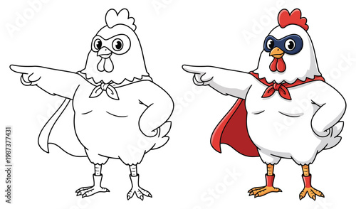 Chicken superhero cartoon character pointing direction in bold clean outline vector style