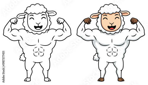 Sheep cartoon strong muscular character flexing arms in bold clean outline vector style