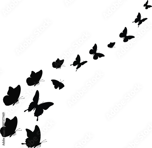 A flock of birds in flight a dynamic silhouette against a white background