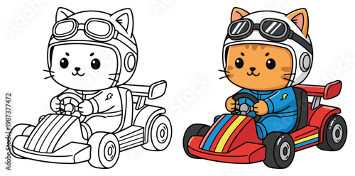Cat cute cartoon character driving go kart in fun racing vector outline style