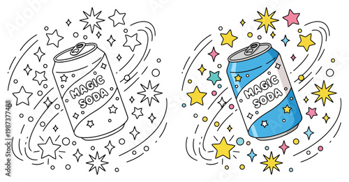 Soda cute cartoon can with stars and magic swirl in clean vector outline style