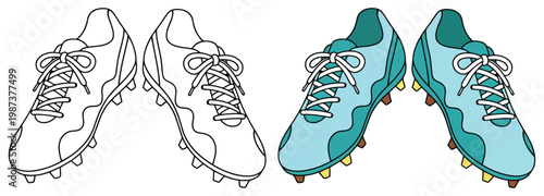 Football boots pair illustration in clean vector outline style with detailed laces