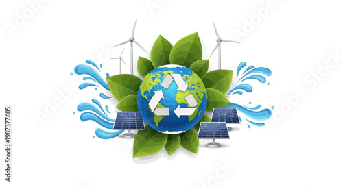 Vector illustration promoting Earth Day 2026 and sustainability featuring a globe with a recycling symbol surrounded by green leaves, solar panels, and wind turbines against a clean white
