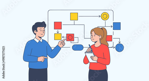 Two colleagues discussing a business flowchart.