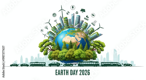 A vibrant vector graphic showcases Earth Day 2026, promoting sustainability with a miniature city atop the globe, powered by windmills and solar panels, symbolizing eco-friendly urbanism